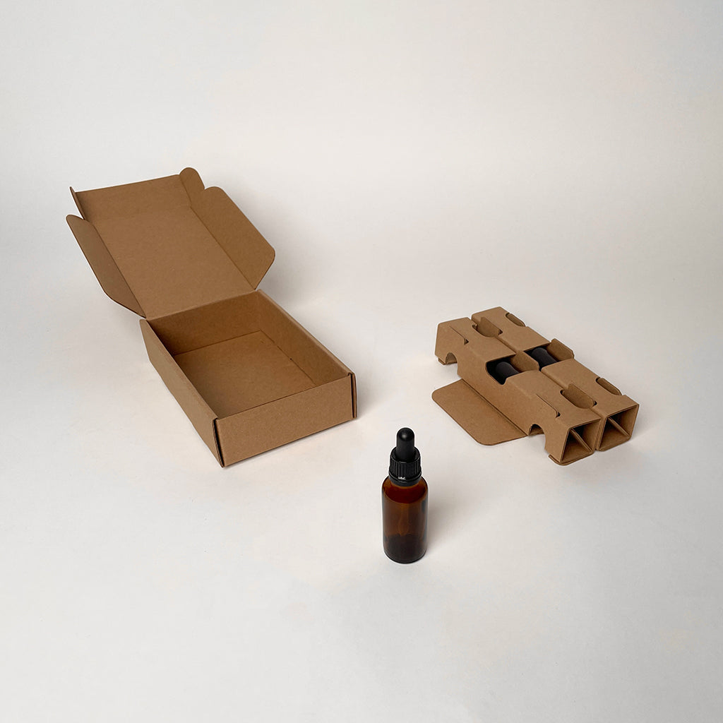 1 oz Glass Bottle 2-Pack Shipping Box for essential oils and serums available from Flush Packaging