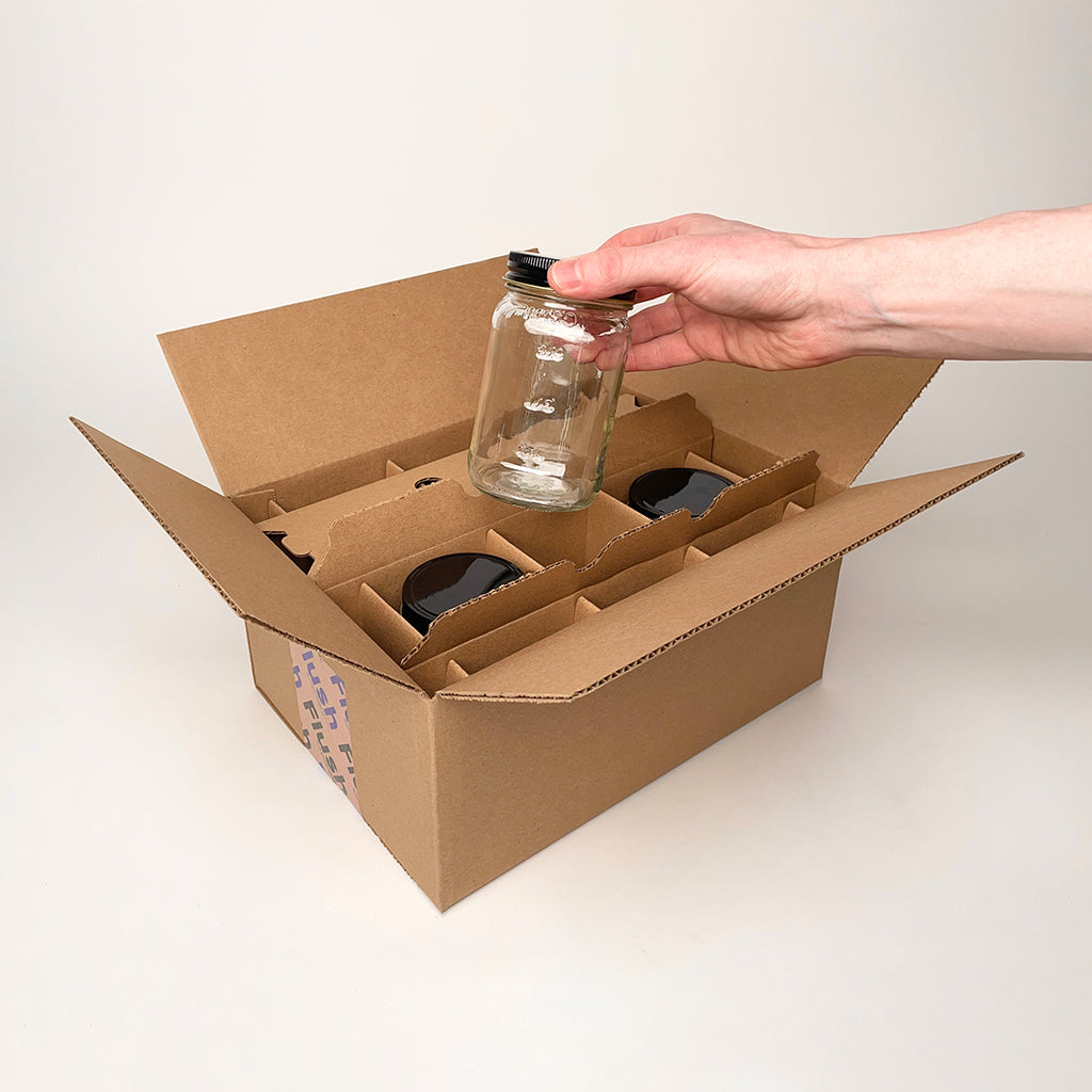 16 oz Square Mason Jar 6-Pack Shipping Box available from Flush Packaging