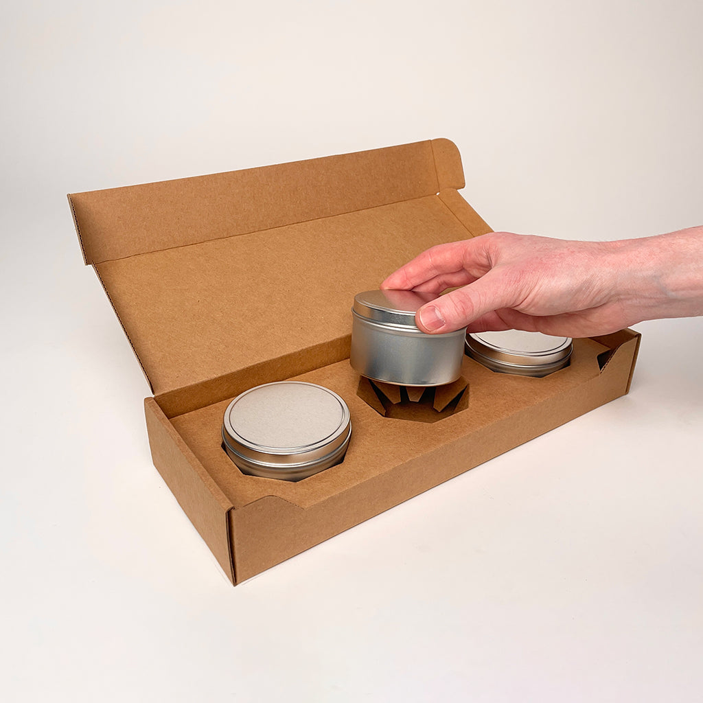 8 oz Candle Tin 3-Pack Shipping Box available for purchase from Flush Packaging