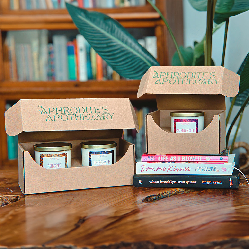 Candles from Aphrodite's Apothecary packed with Libbey 11 oz 917CD Heavy Base Rocks Tumbler 2-Pack Shipping Box from Flush Packaging