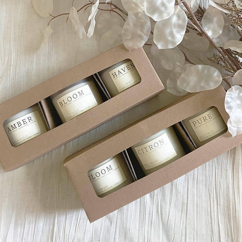 Riely and Wheat 3-Pack Candle Set packed with Astra Tumbler 3-Pack Retail Box from Flush Packaging