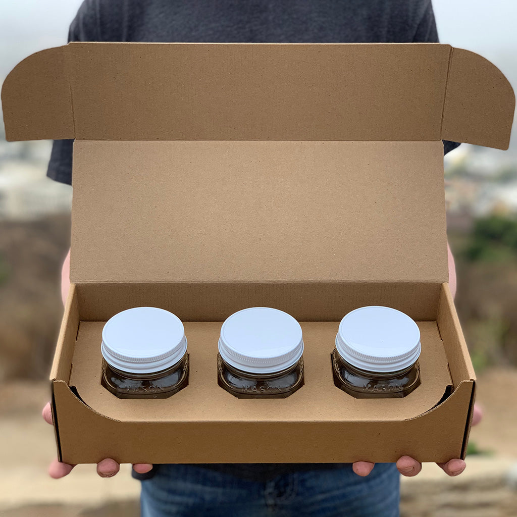 CandleScience 8 oz Square Mason jar 3-Pack Shipping Box packed with three jars