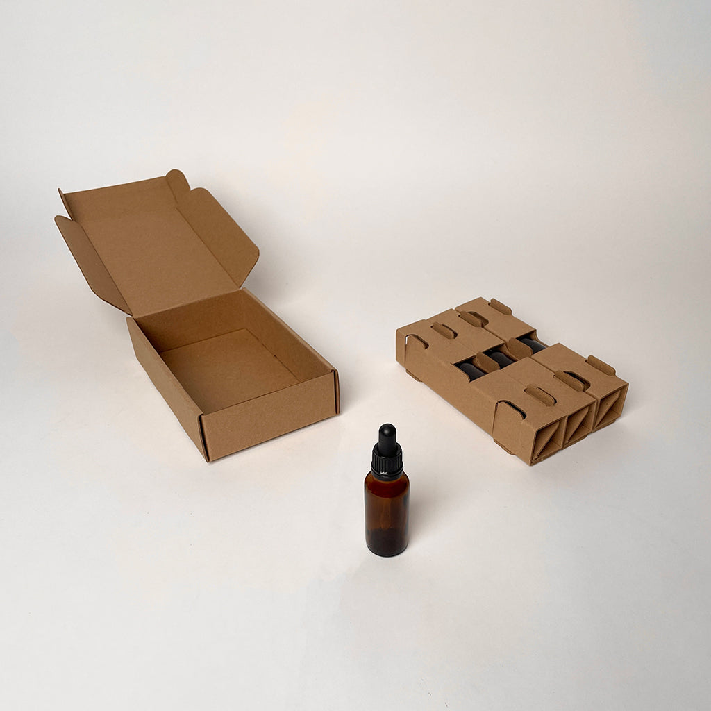 1 oz Glass Bottle 3-Pack Shipping Box for essential oils and serums available from Flush Packaging