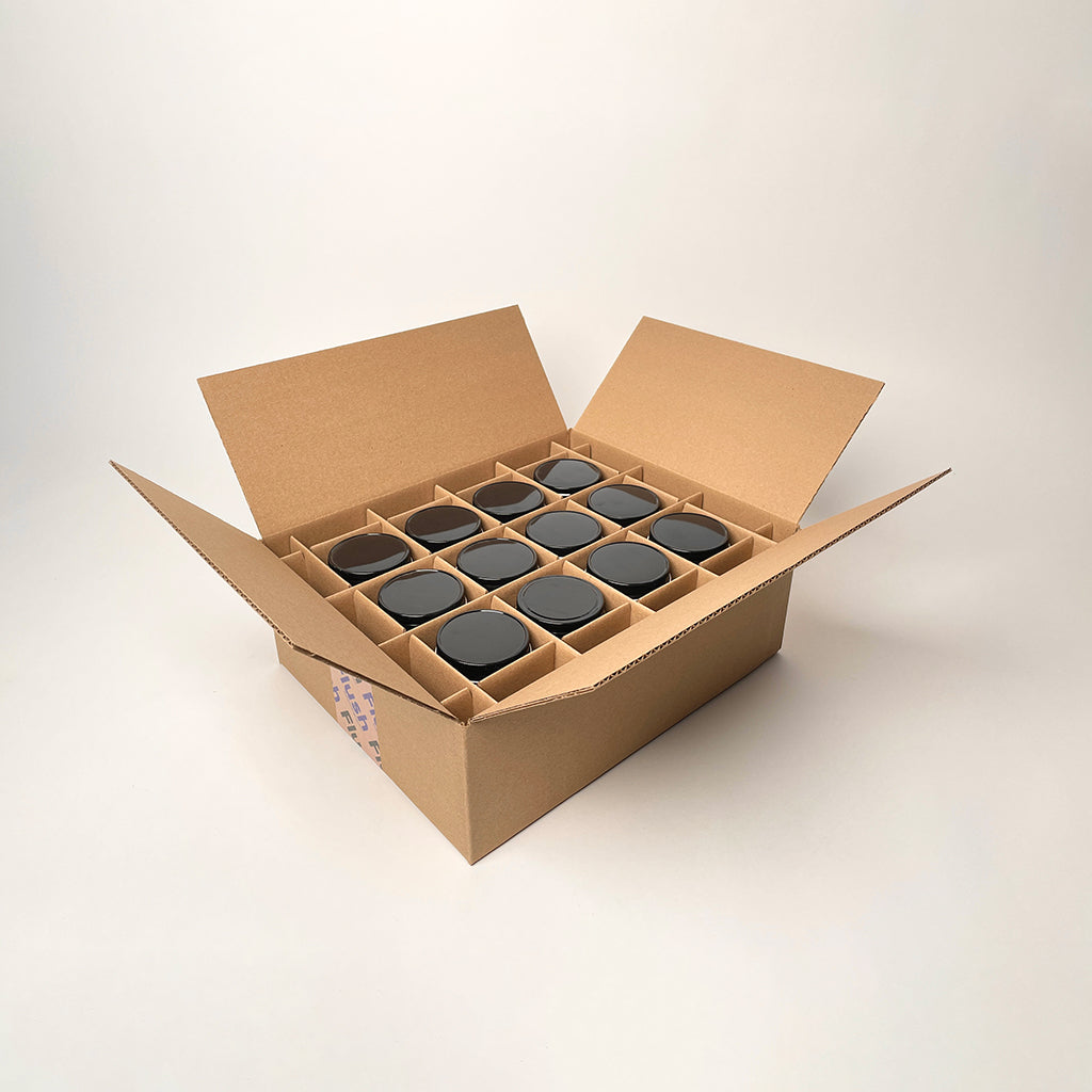 12 oz Economy Round Glass Jar 12-Pack Shipping Box available for purchase from Flush Packaging