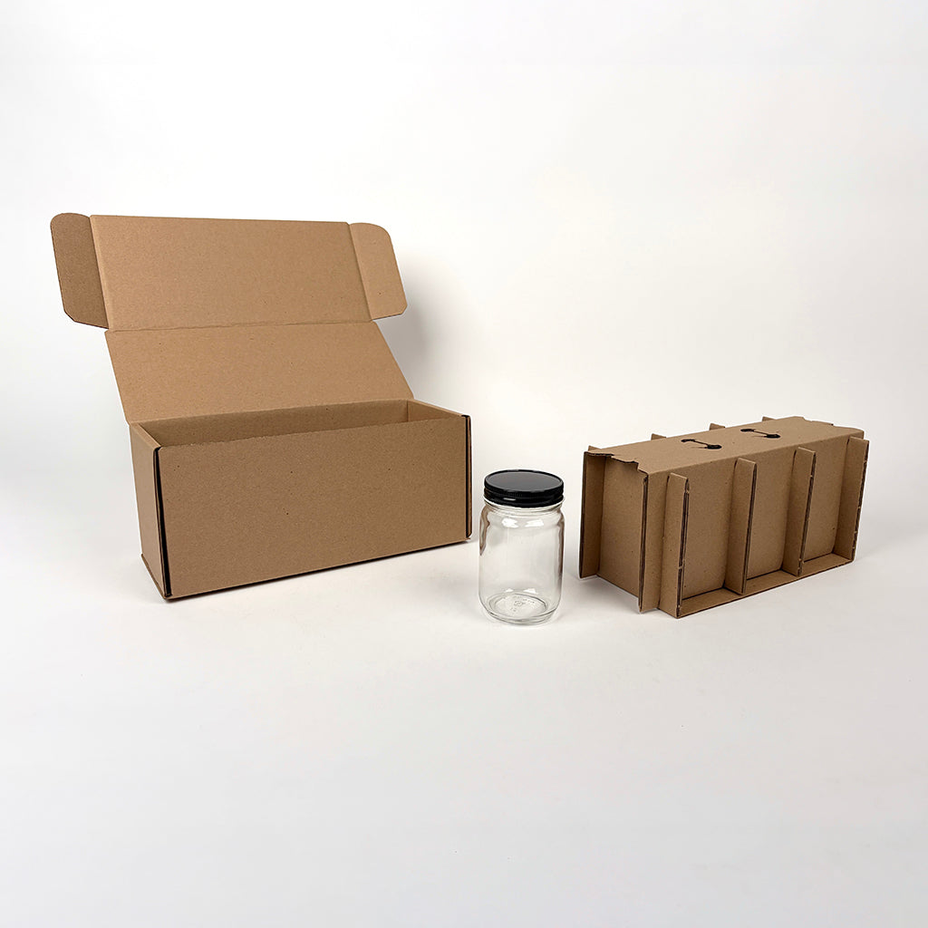 14 oz Economy Round Glass Jar 3-Pack Shipping Box available from Flush Packaging