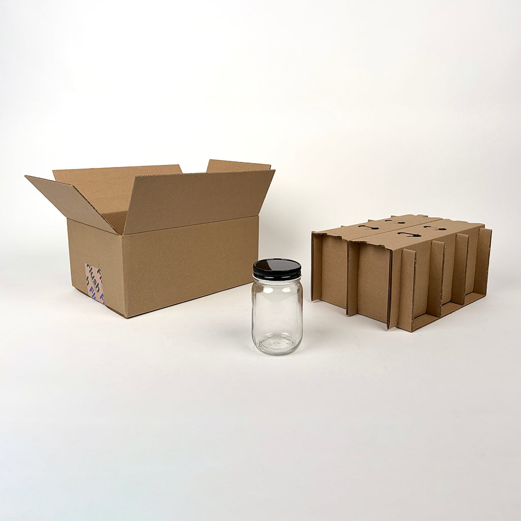 14 oz Economy Round Glass Jar 6-Pack Shipping Box available from Flush Packaging