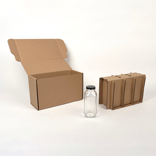 16 oz French Square Glass Bottle 3-Pack Shipping Box available from Flush Packaging
