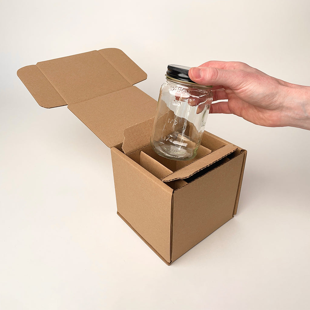 16 oz Square Mason Jar Shipping Box available from Flush Packaging