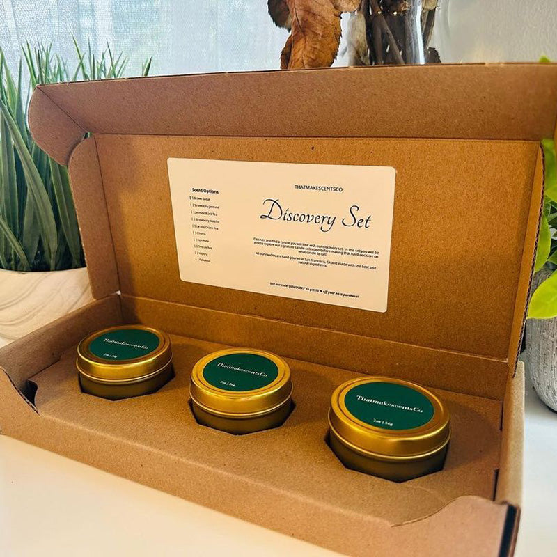 Candle Discovery Set from That Makes Scents Candles made with 2 oz candle tins and packed with the 2 oz Candle Tin 3-Pack Shipping Box from Flush Packaging