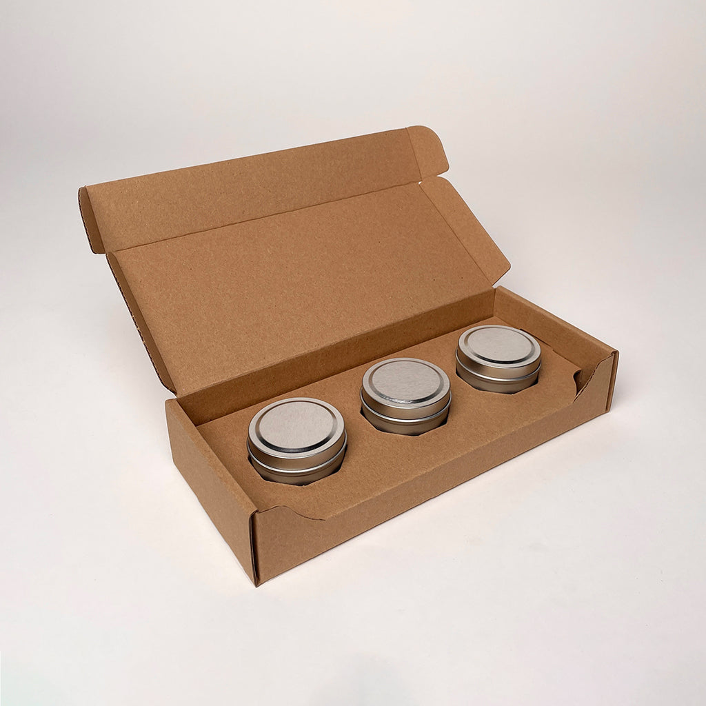 2 oz Candle Tin 3-Pack Shipping Box available for purchase from Flush Packaging