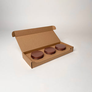 3 oz Candle Tin 3-Pack Shipping Box for candles available for purchase from Flush Packaging