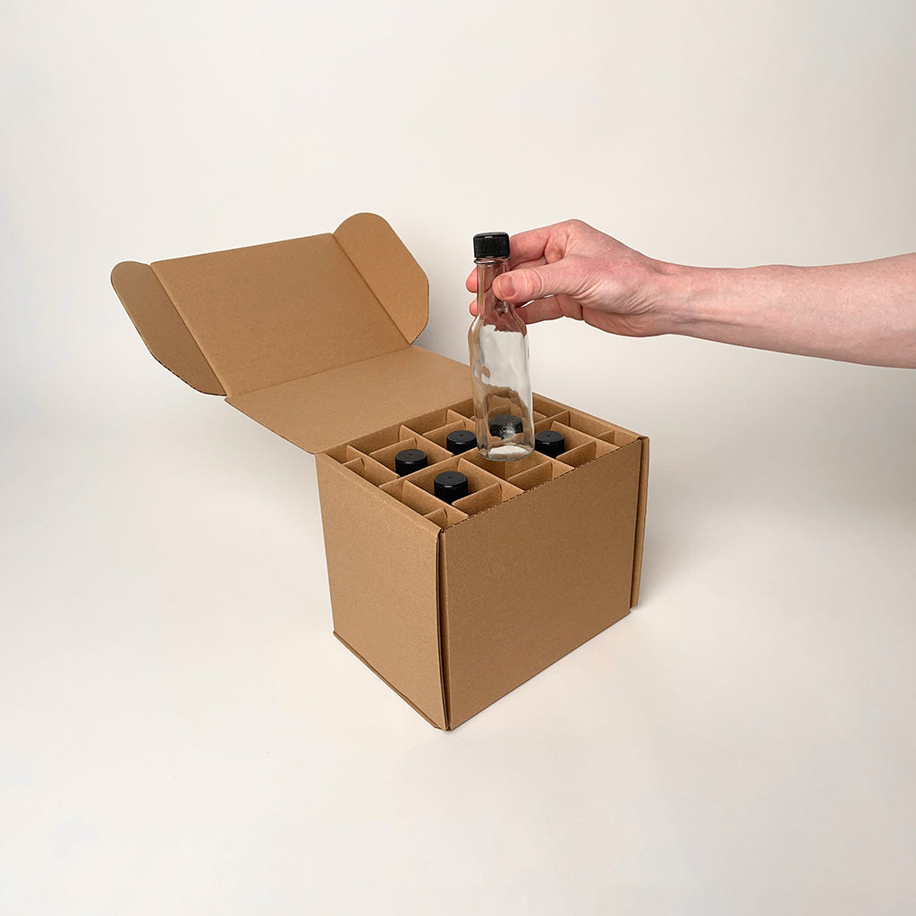 5 oz Glass Woozy Bottle 6-Pack Shipping Box for Hot Sauce and Bitters available from Flush Packaging