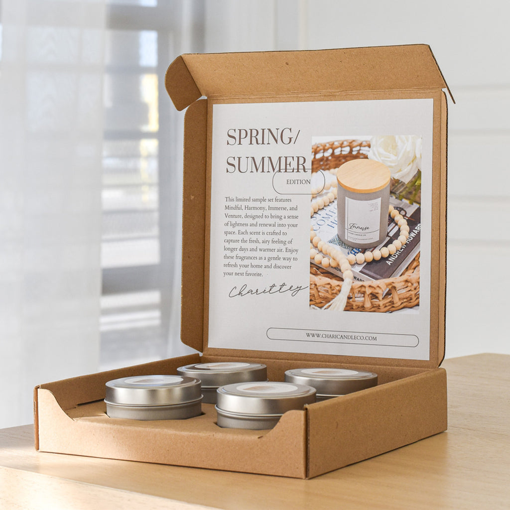 6 oz Candle Tin 4-Pack from Chari Candle Co packaged with 6 oz Candle Tin 4-Pack Shipping Box from Flush Packaging