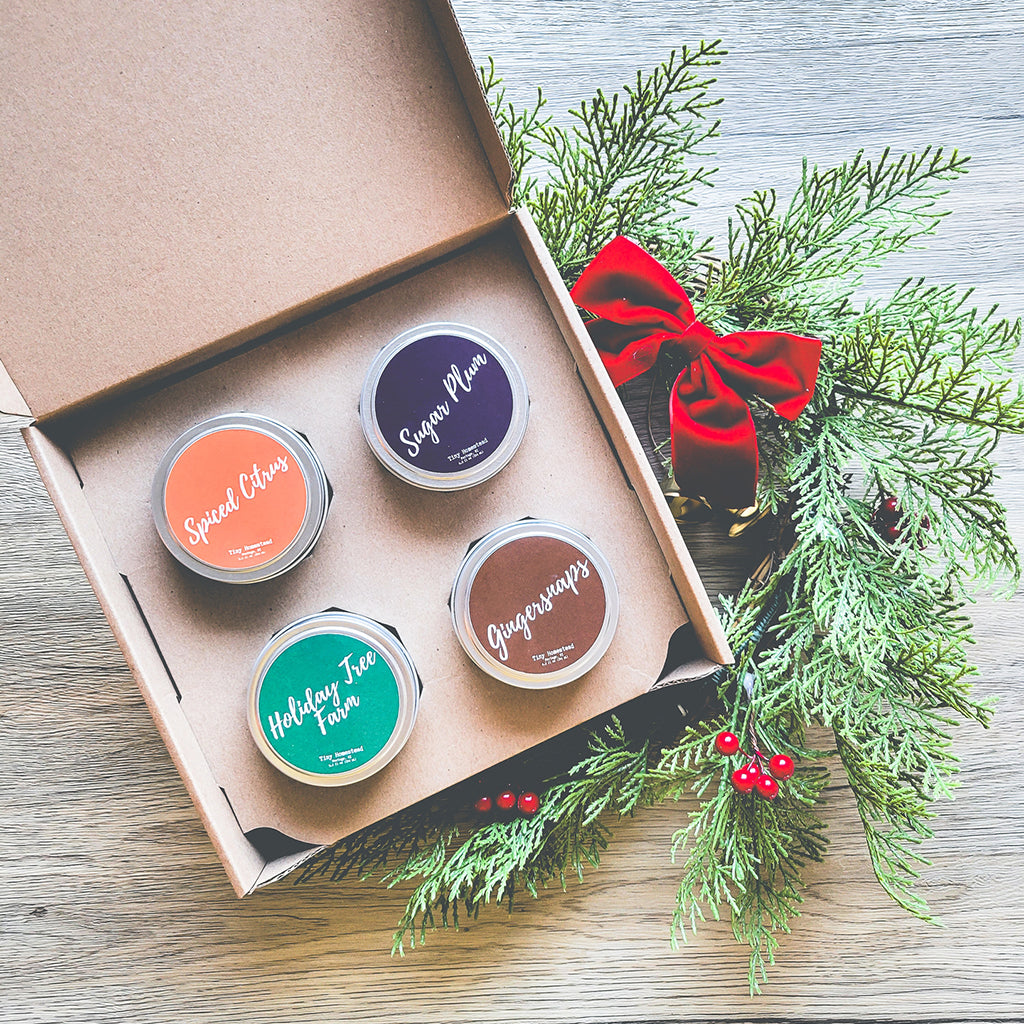 6 oz Candle Tin 4-Pack from Tiny Homestead packaged with 6 oz Candle Tin 4-Pack Shipping Box from Flush Packaging