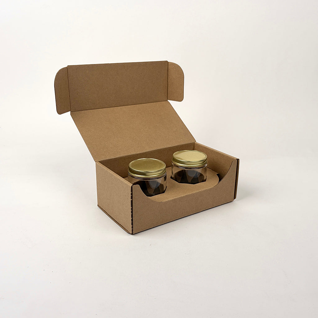 6 oz Straight Sided Glass Jar 2-Pack Shipping Box for chili oil and candles available from Flush Packaging