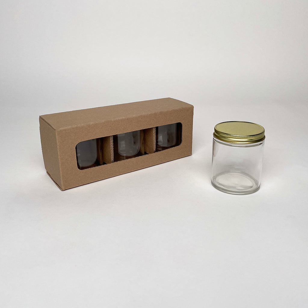 6 oz Straight Sided Glass Jar 3-Pack Retail box for Chili Oil and Candles available from Flush Packaging