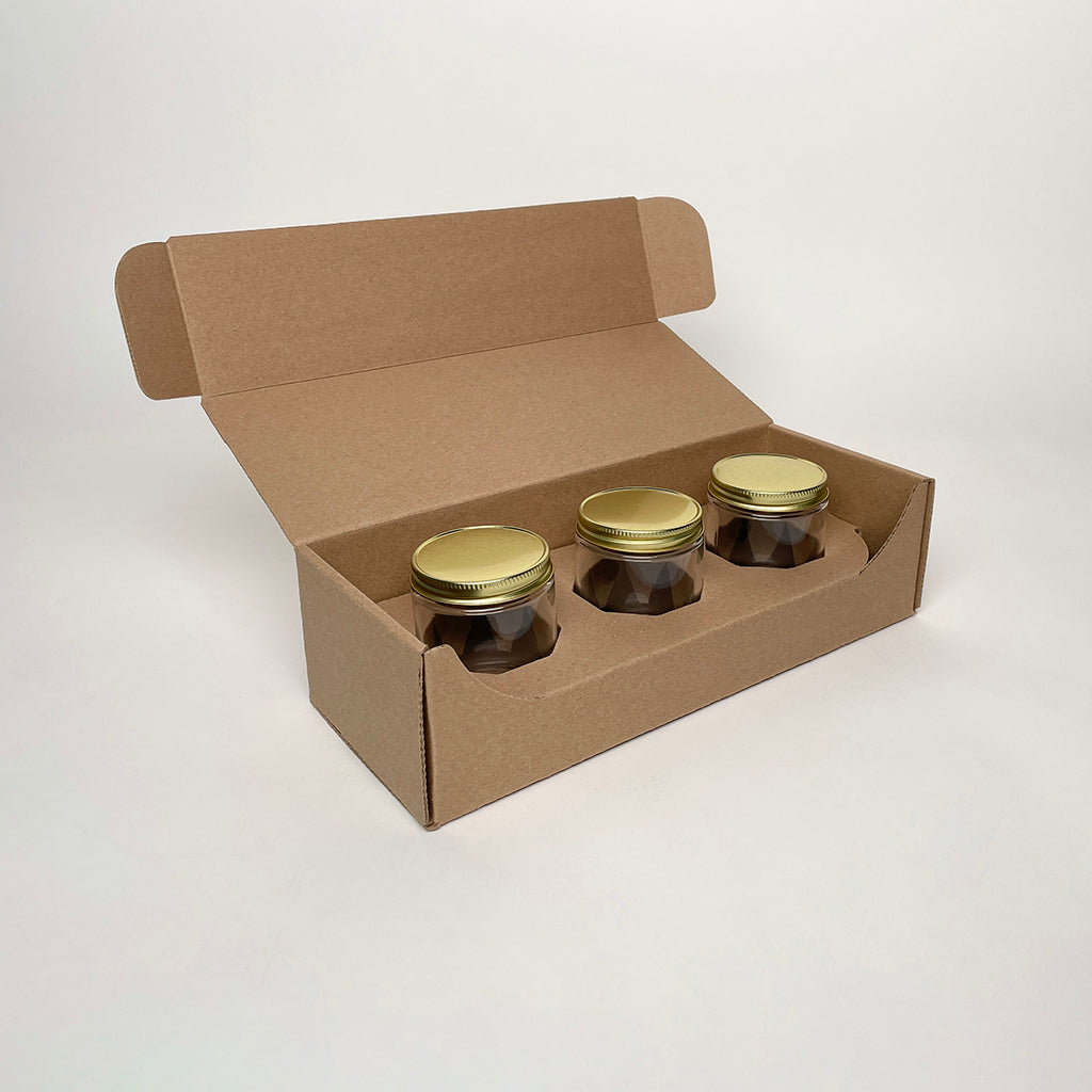 6 oz Straight Sided Glass Jar 3-Pack Shipping Box for Chili Oil and Candles available from Flush Packaging