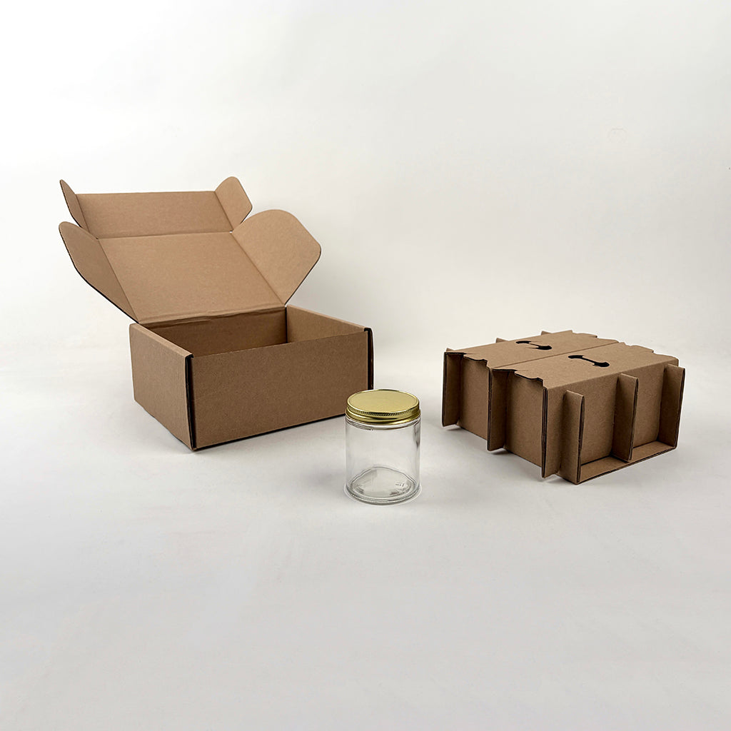 6 oz Straight Sided Glass Jar 4-Pack Shipping Box available from Flush Packaging