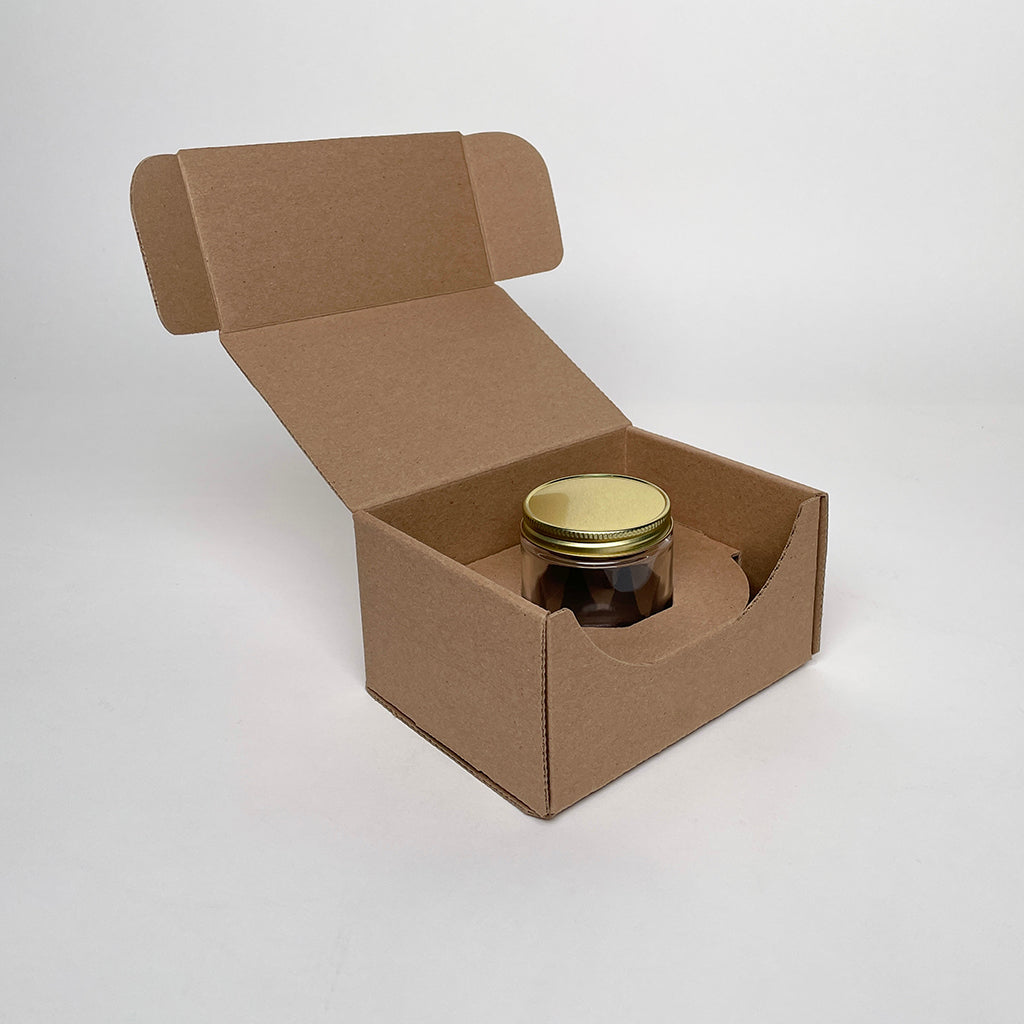 6 oz Straight Sided Glass Jar Shipping box for Chili Oil and Candles available from Flush Packaging