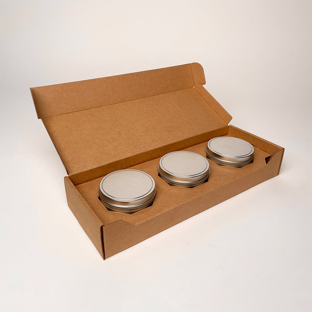 8 oz Candle Tin 3-Pack Shipping Box B Stock available for purchase from Flush Packaging