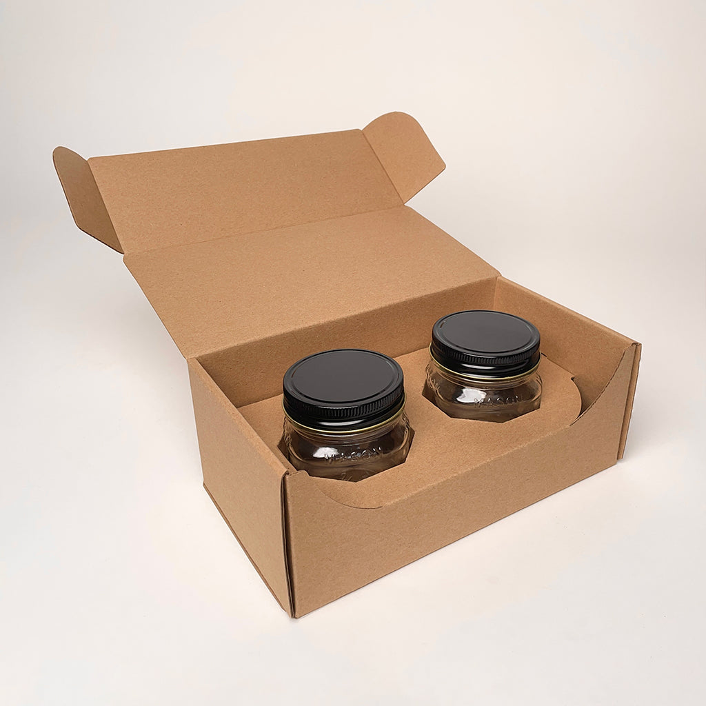 8 oz Square Mason Jar 2-Pack Shipping Box for candles and jam available for purchase from Flush Packaging
