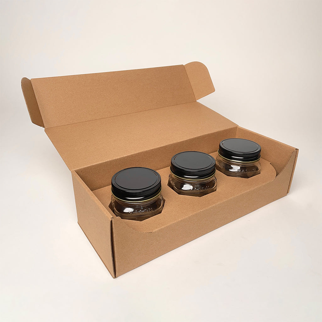 8 oz Square Mason Jar 3-Pack Shipping Box for candles, jam, and sauces available for purchase from Flush Packaging