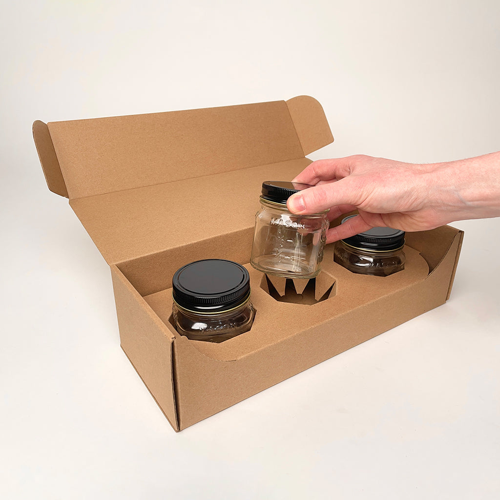 8 oz Square Mason Jar 3-Pack Shipping Box for candles, jam, and sauces available for purchase from Flush Packaging
