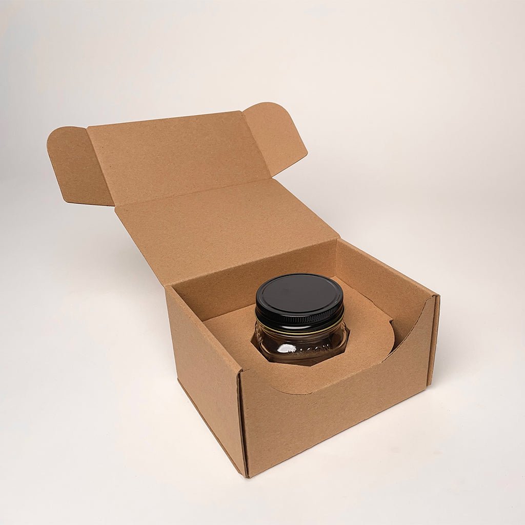 8 oz Square Mason Jar Shipping Box for candles and jam available for purchase from Flush Packaging