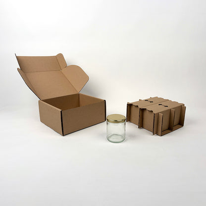 9 oz Straight Sided Glass Jar 4-Pack Shipping Box for candles, jam, and sauces available from Flush Packaging