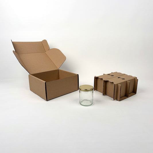 9 oz Straight Sided Glass Jar 4-Pack Shipping Box for candles, jam, and sauces available from Flush Packaging