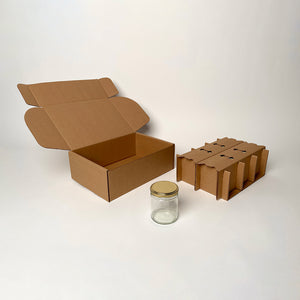 9 oz Straight Sided Glass Jar 6-Pack Shipping Box available for purchase from Flush Packaging