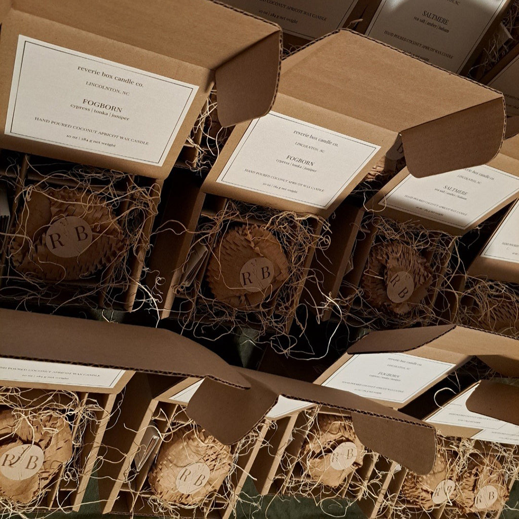 Candle from Reverie Box Candle Co packed with CandleScience Sonoma Tumbler Shipping Box from Flush Packaging