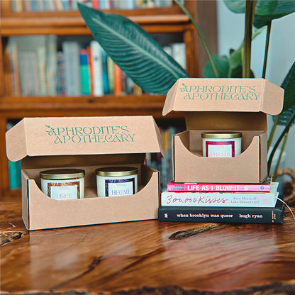 Candles from Aphrodite's Apothecary packed with Libbey 11 oz 917CD Heavy Base Rocks Tumbler Shipping Box from Flush Packaging