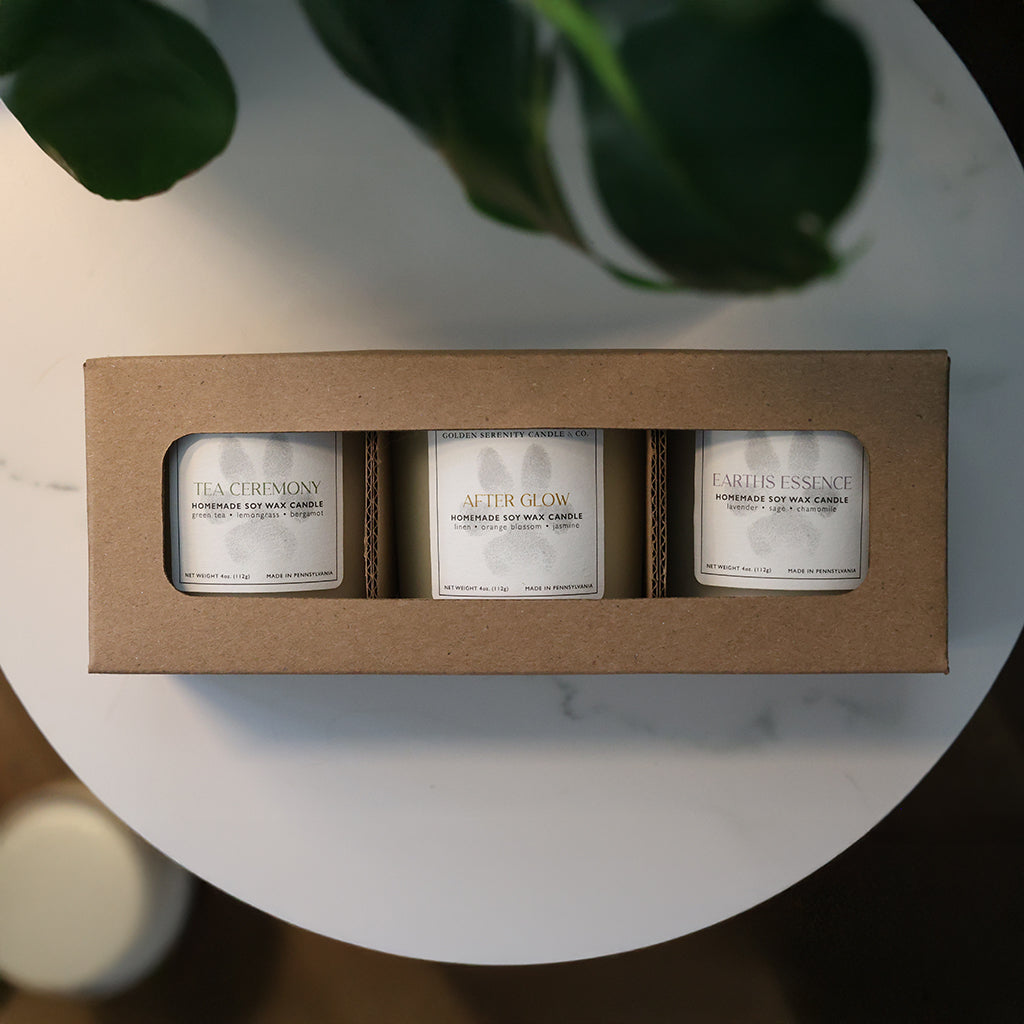 Golden Serenity Candle Co 3-Pack of candles in retail packaging available from Flush Packaging