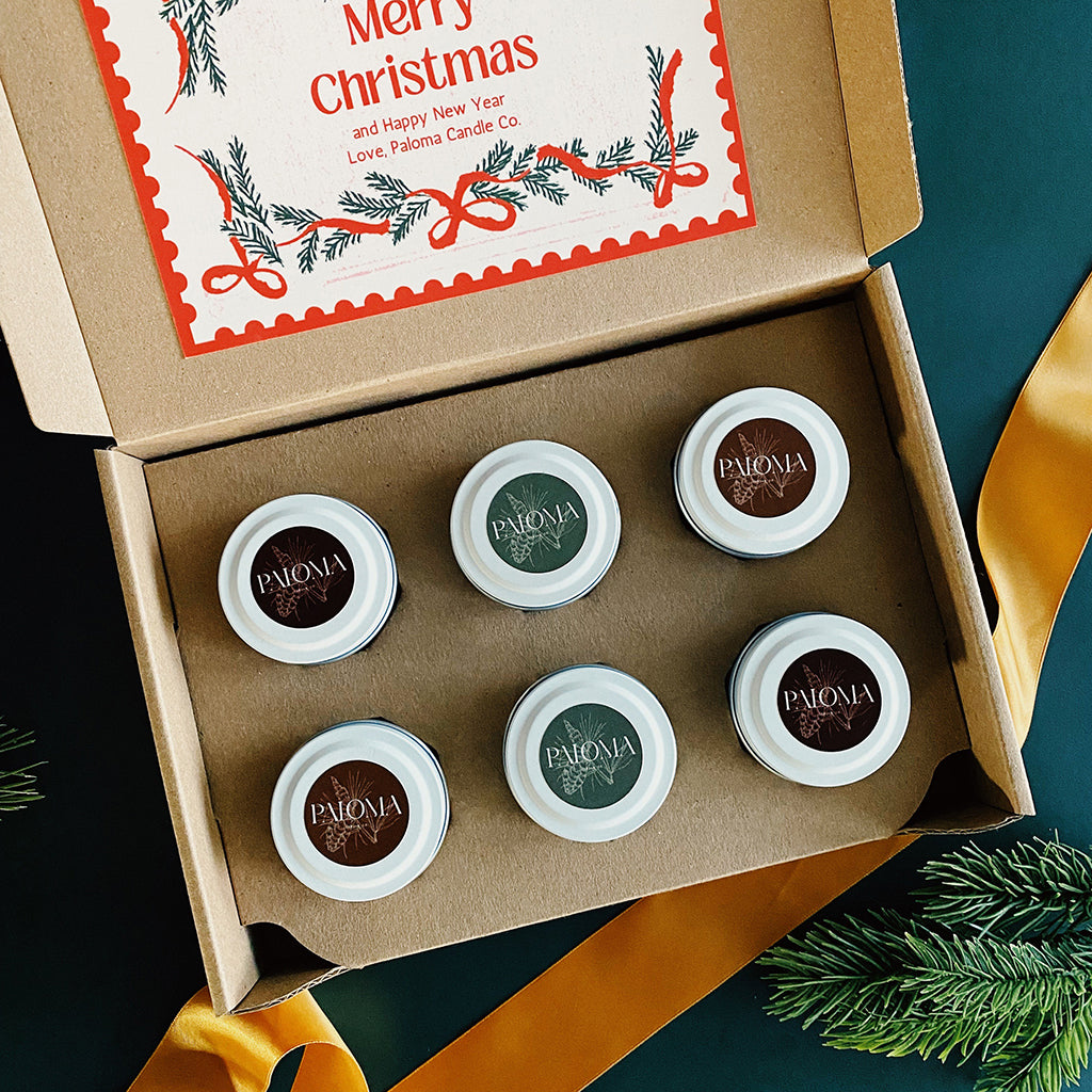 Paloma Candle Co 2 oz Candles packed with 2 oz Candle Tin 6-Pack Shipping Box from Flush Packaging