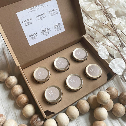 Riley and Wheat Fall Candle Discovery Set using the 2 oz Candle Tin 6-Pack Shipping Box from Flush Packaging