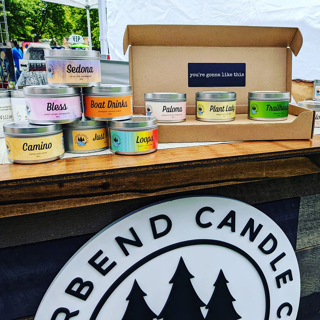 Riverbend Candle Co 8 oz Cnadles packed with 8 oz Candle Tin 3-Pack Shipping Box from Flush Packaging