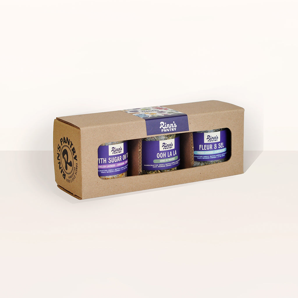 The Bloom Box from Rinn's Pantry packed with the 4 oz Straight Sided Glass Jar 3-Pack Retail Box from Flush Packaging