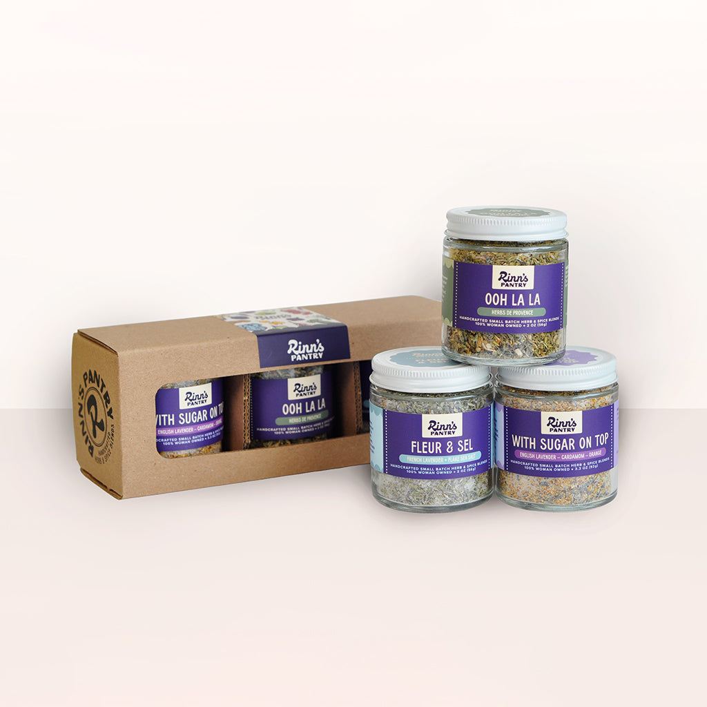 The Rinn's Pantry Bloom Box made with the 4 oz Straight Sided Glass Jar 3-Pack Retail Box from Flush Packaging