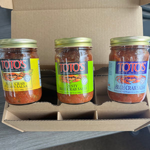 Totos Authentic Crab Salsa packed with 16 oz Canning Jar 3-Pack Shipping Box from Flush Packaging