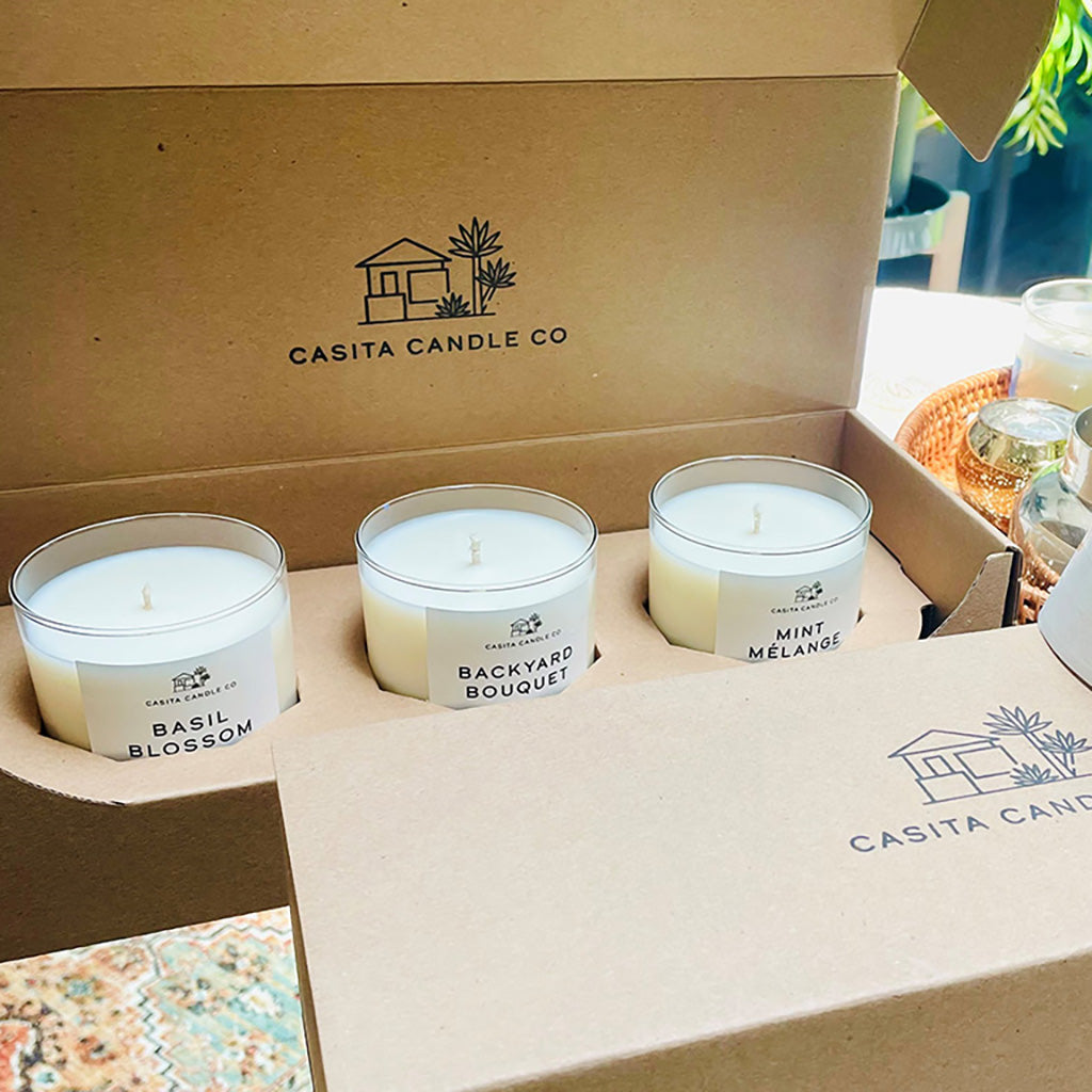 CandleScience Straight Sided Tumbler 3-Pack Shipping Box packed with candles from Casita Candle Co and available for purchase from Flush Packaging