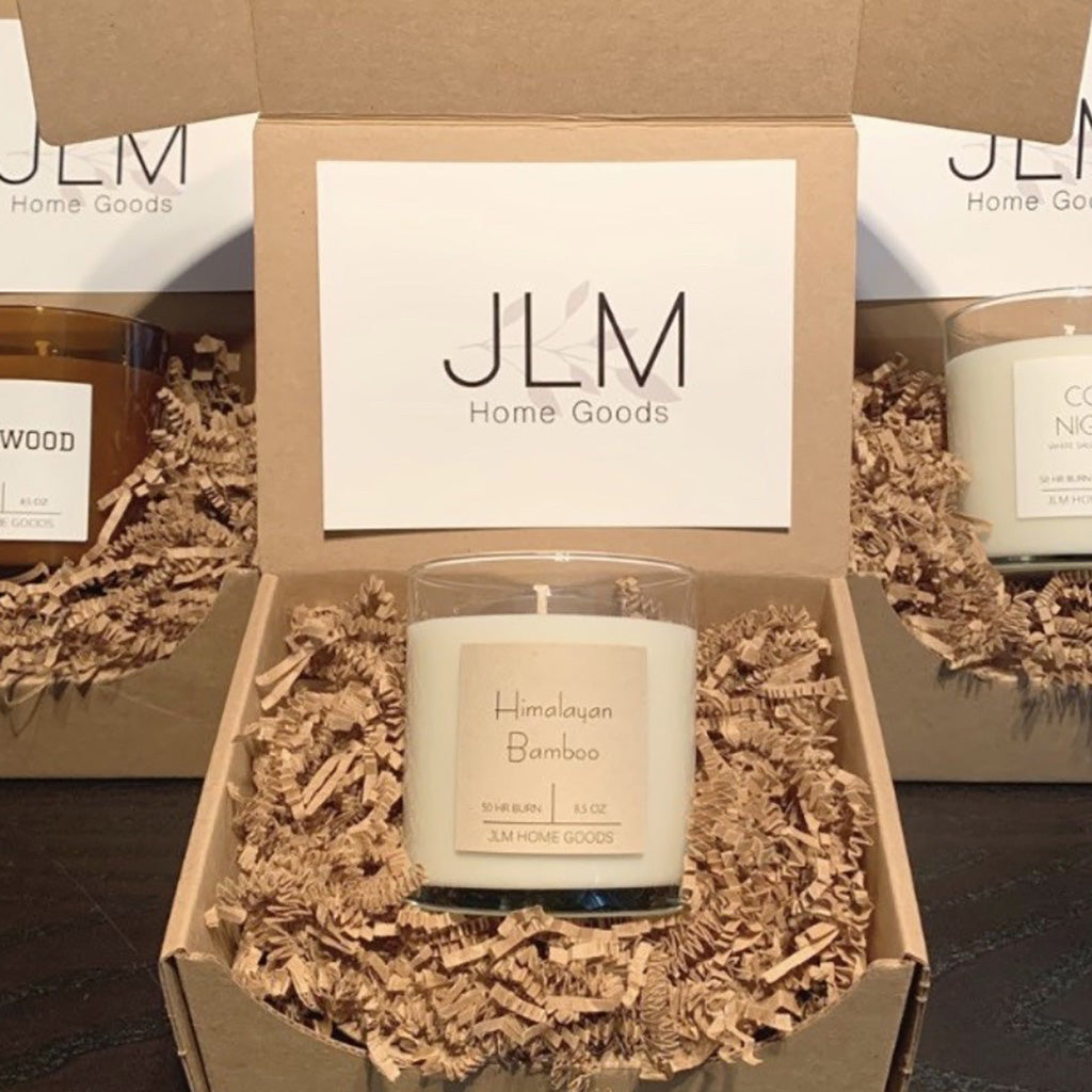 JLM Home Goods candle packed inside Straight Sided Tumbler Shipping Box from Flush Packaging