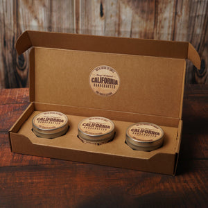 Candles from California Handcrafted packed in the 8 oz Candle Tin 3-Pack Shipping Box available for purchase from Flush Packaging