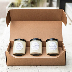 Saucy Candle Co Candles packed inside 9 oz Straight Sided Glass Jar 3-Pack Shipping Box available for purchase from Flush Packaging