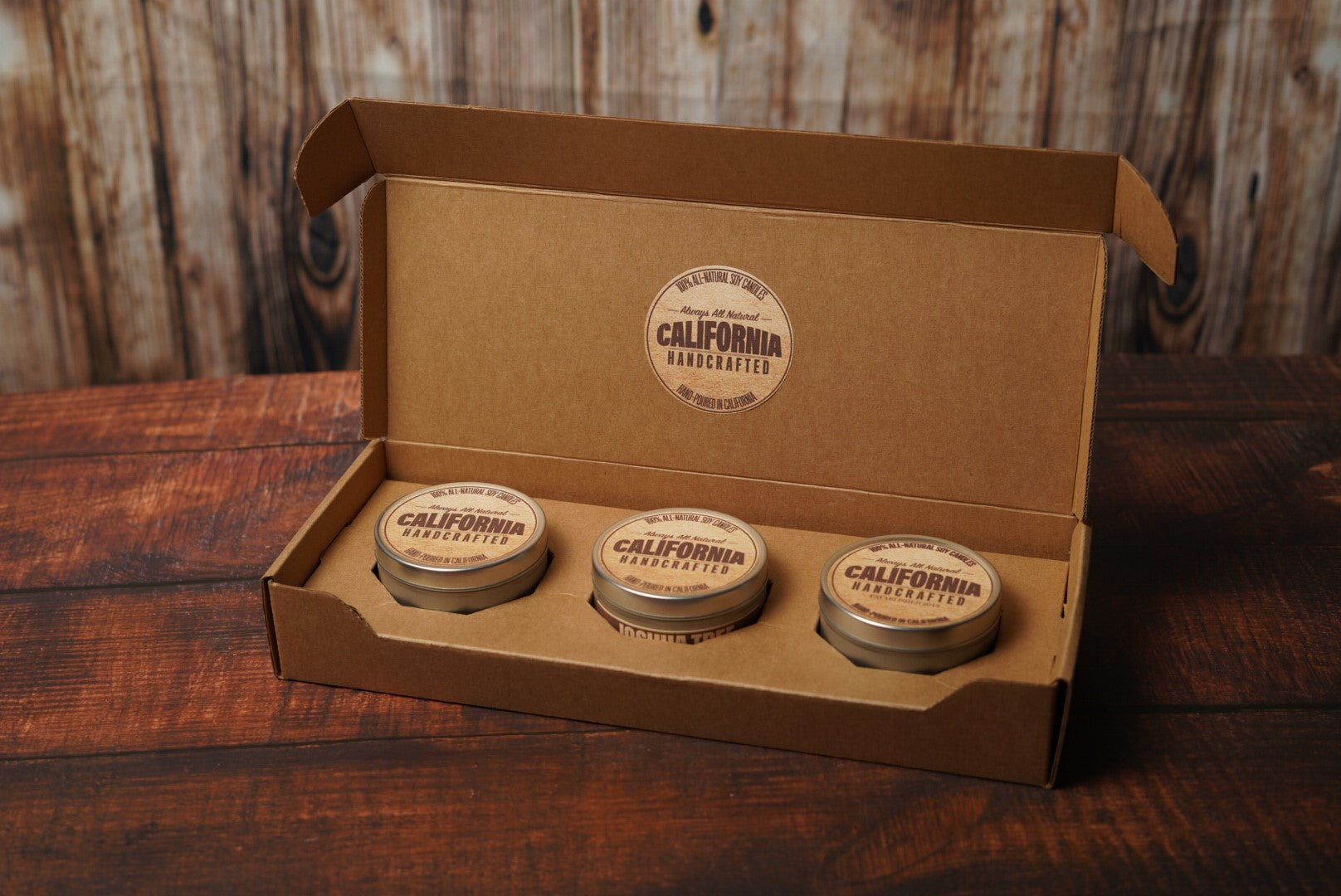 california handcrafted candles packed in the candlescience 8 oz candle tin 3 pack